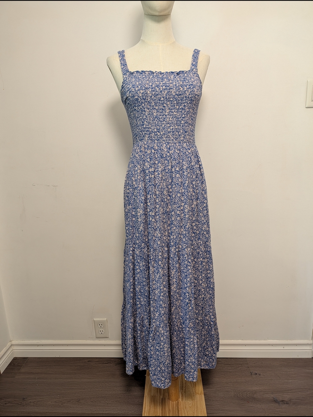 Blue Floral Smocked Maxi Dress With Summery Thread